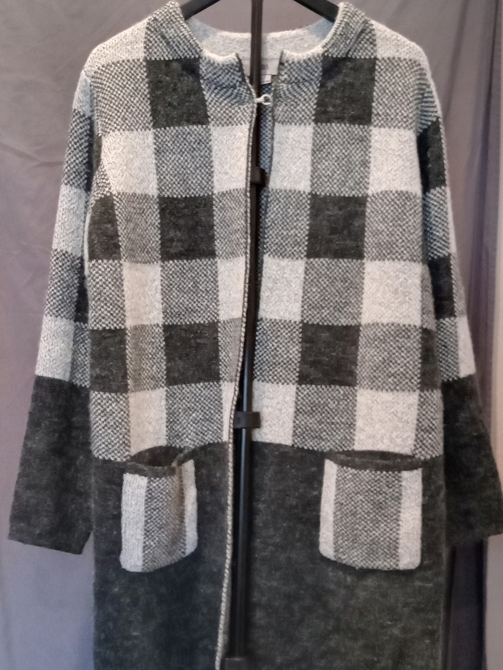 Yaira Checked Long Cardigan Sweater Button Top Open Women's Size L